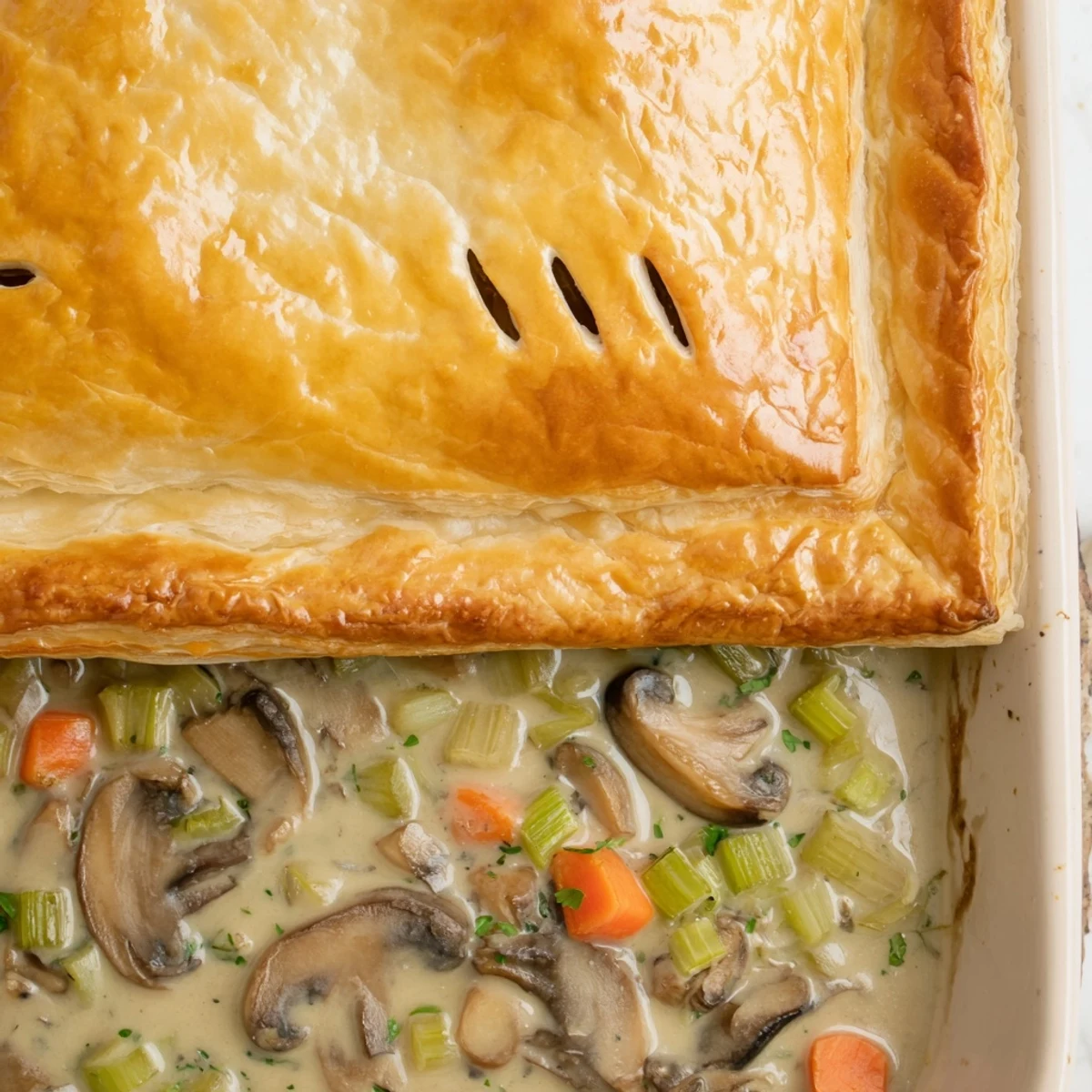 A hearty slice of creamy mushroom and leek pot pie reveals a rich, herb-infused vegetable filling inside.