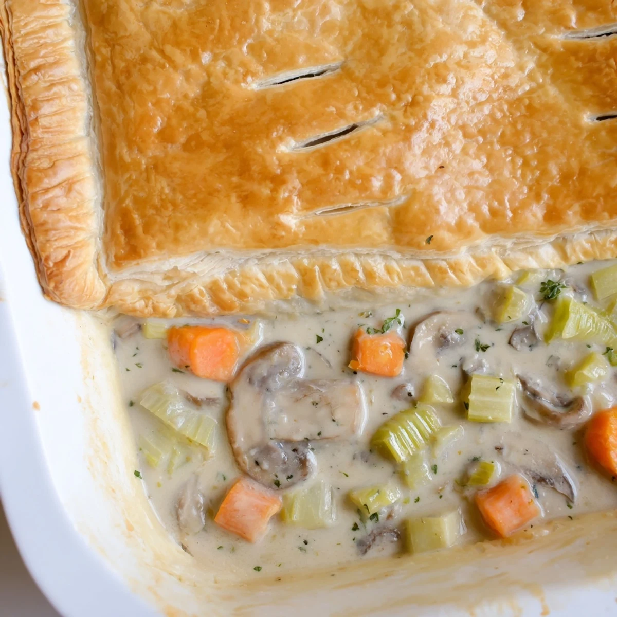 Golden flaky puff pastry tops a creamy mushroom and leek pot pie, served steaming in a rustic ceramic dish.