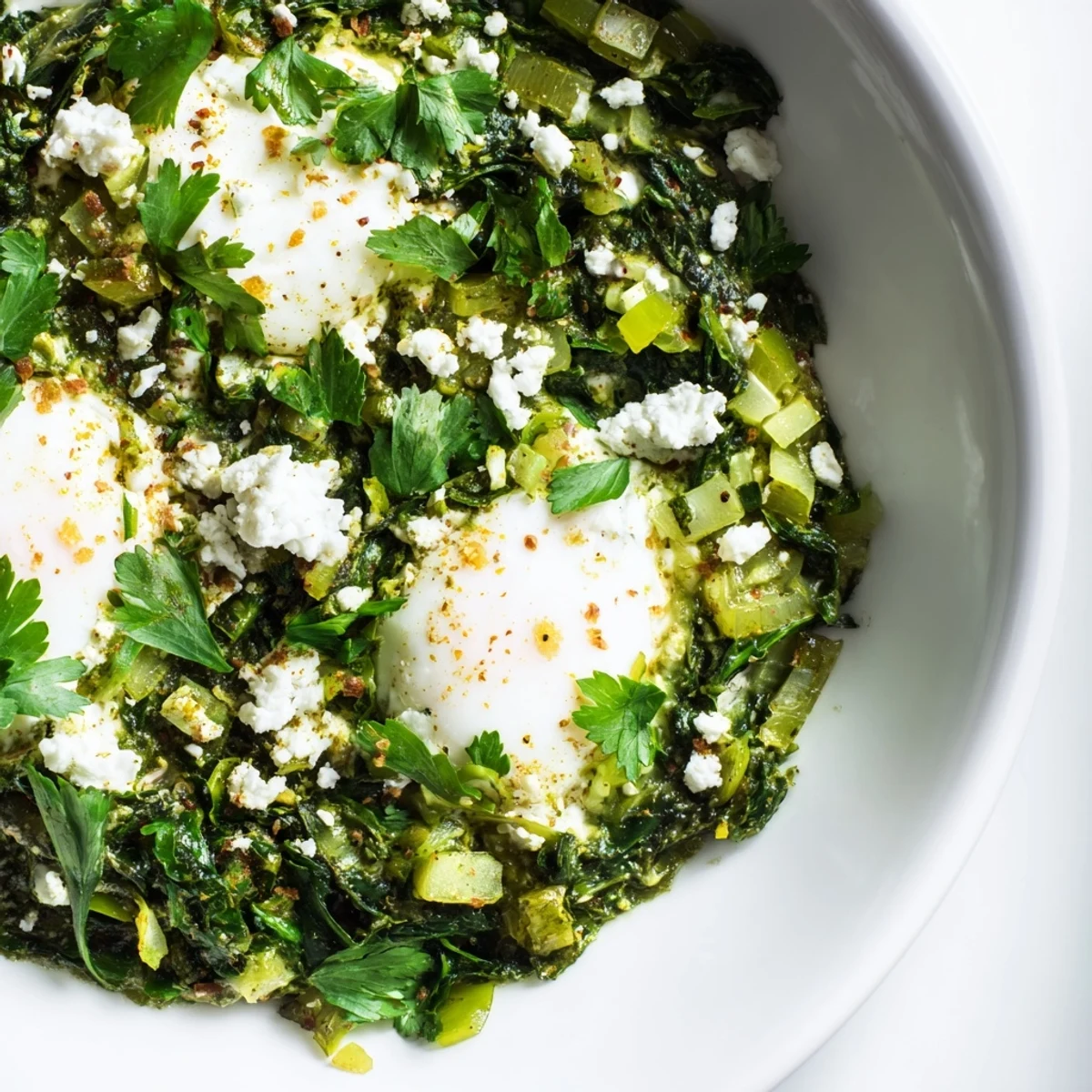 A close-up of Green Shakshuka with Spinach and Feta Cheese, featuring poached eggs in a vibrant green herb sauce.