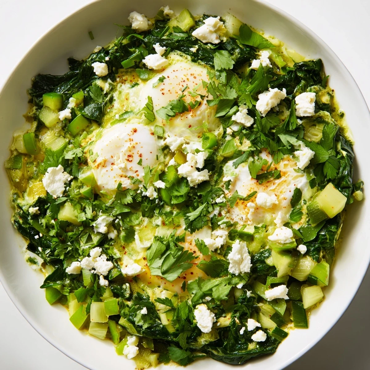 Steaming Green Shakshuka with Spinach and Feta Cheese in a skillet, topped with crumbled feta and fresh cilantro.