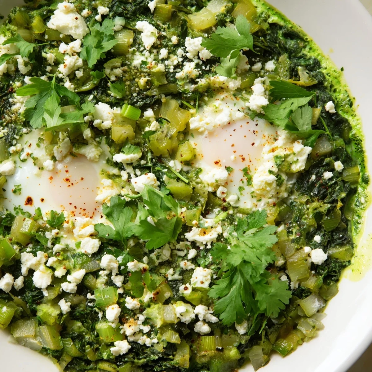 Green Shakshuka with Spinach and Feta Cheese served in a cast-iron pan, ready to be scooped onto toast.