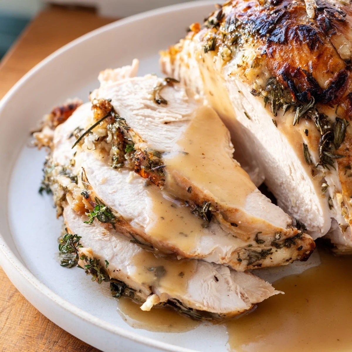 Savory Herb Roasted Turkey Breast with Gravy, glistening with golden-brown skin and fresh herbs on a serving platter.