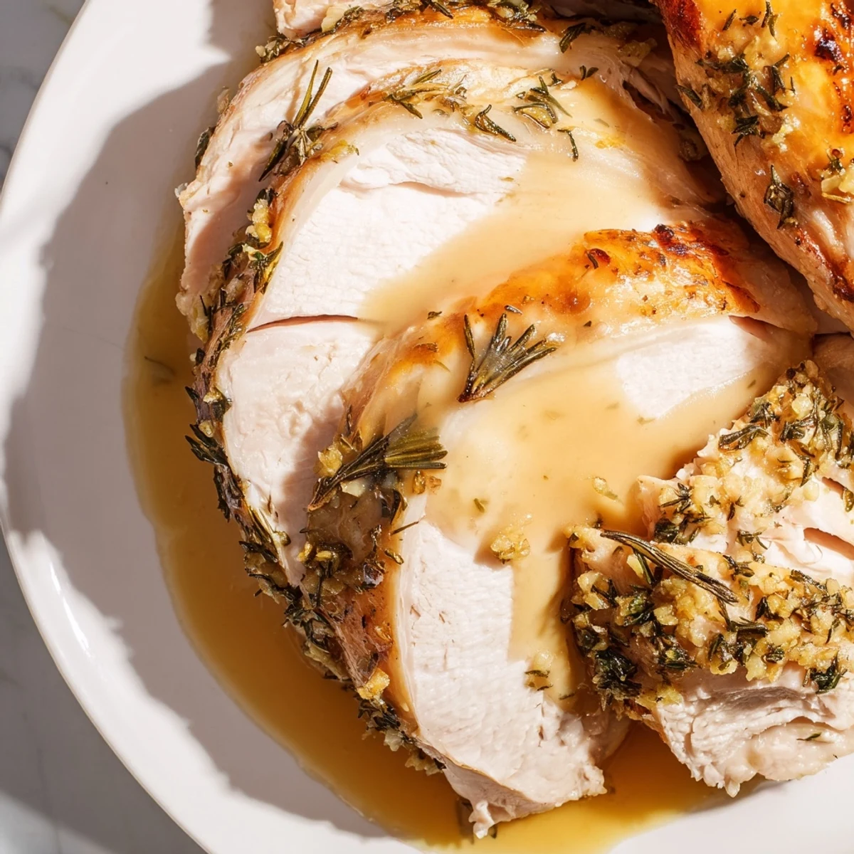 A slice of Savory Herb Roasted Turkey Breast with Gravy, served with green beans and cranberry sauce for dinner.