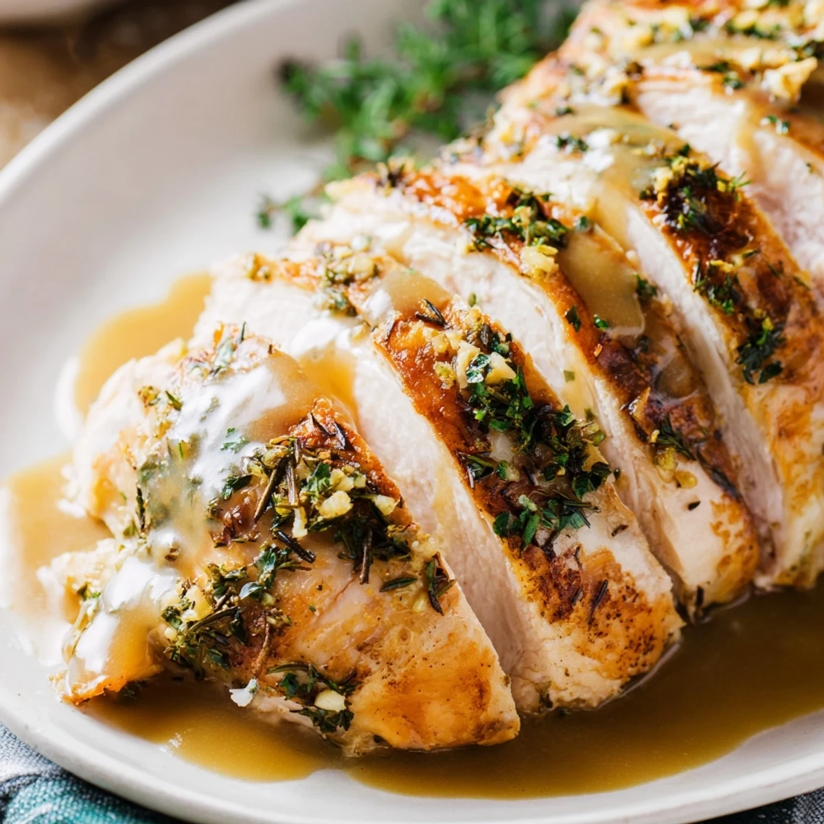 Carved Savory Herb Roasted Turkey Breast with Gravy, showing tender meat and a rich, homemade gravy in a bowl.