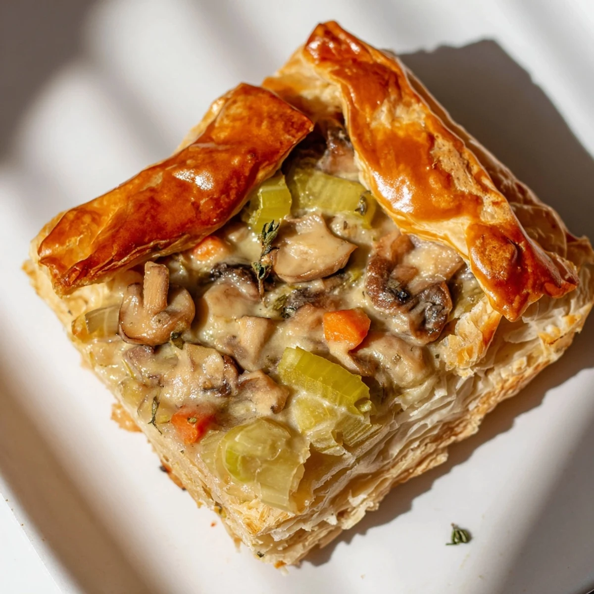 A close-up of the Creamy Mushroom and Leek Pot Pie shows golden, flaky pastry bubbling over a savory vegetarian filling.