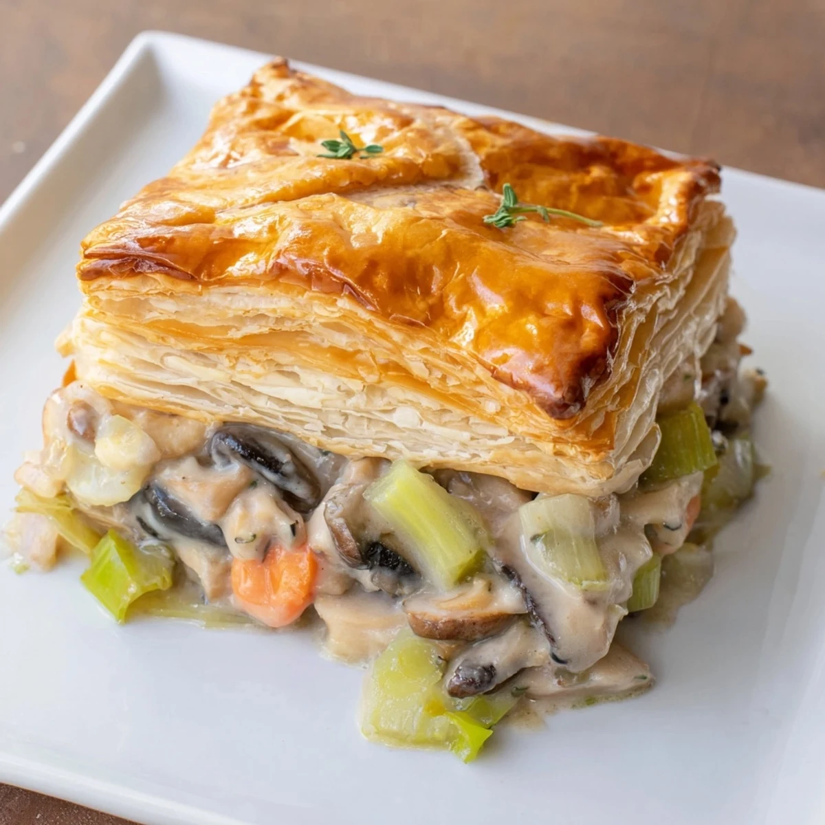 A serving slice of the Creamy Mushroom and Leek Pot Pie rests on a plate, ready to enjoy with a green salad.