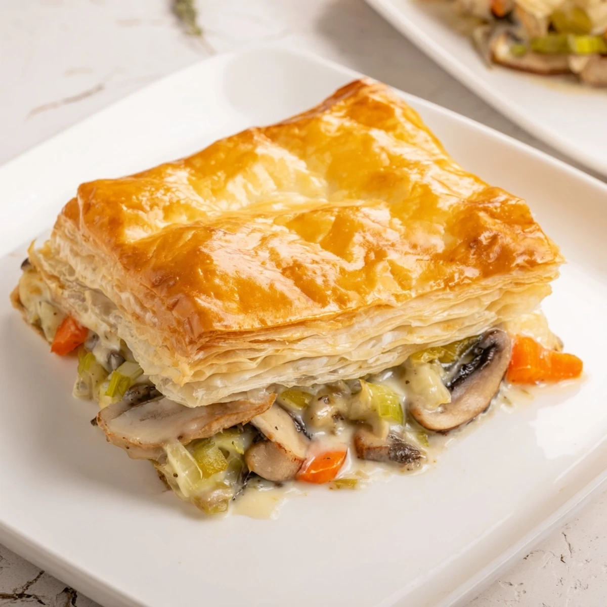 In a rustic baking dish, the Creamy Mushroom and Leek Pot Pie reveals a rich sauce with sautéed mushrooms and tender leeks.