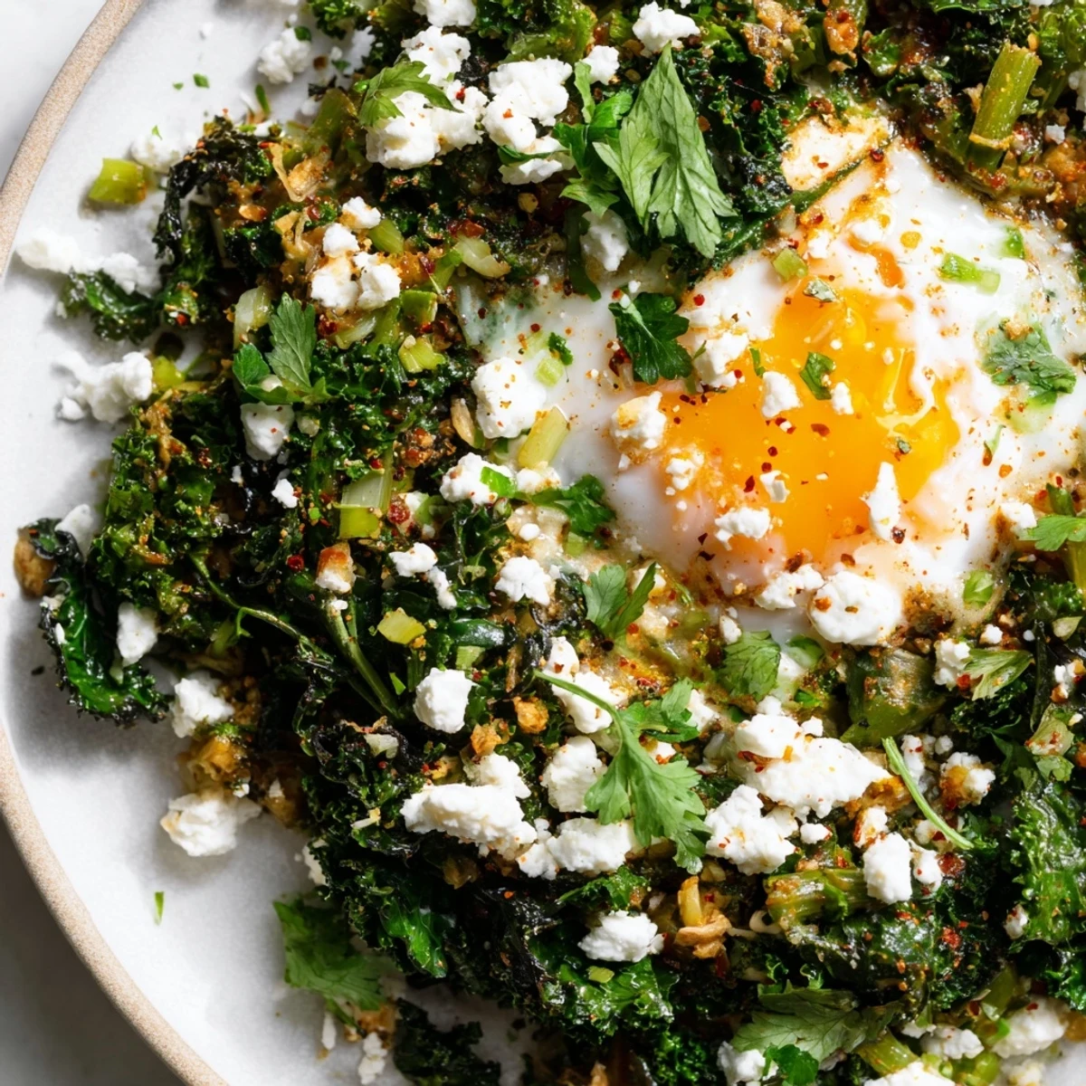 Vibrant green shakshuka with spinach and feta cheese, featuring poached eggs nestled in a sautéed herb-rich skillet.