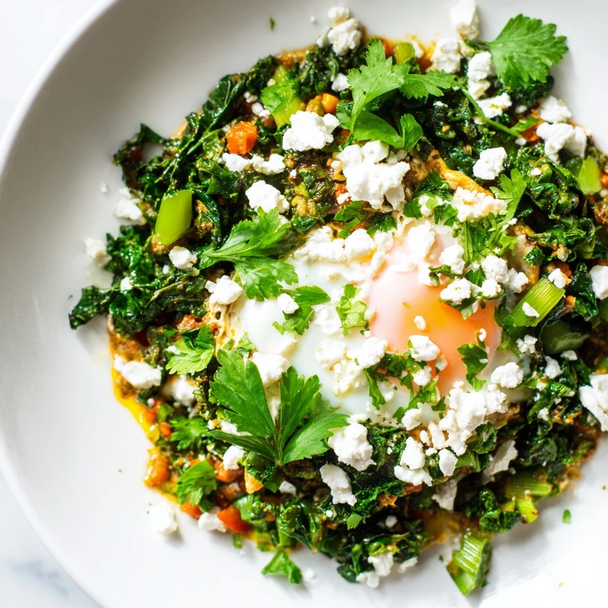 A serving of green shakshuka with spinach and feta cheese, topped with soft eggs and ready for crusty bread.