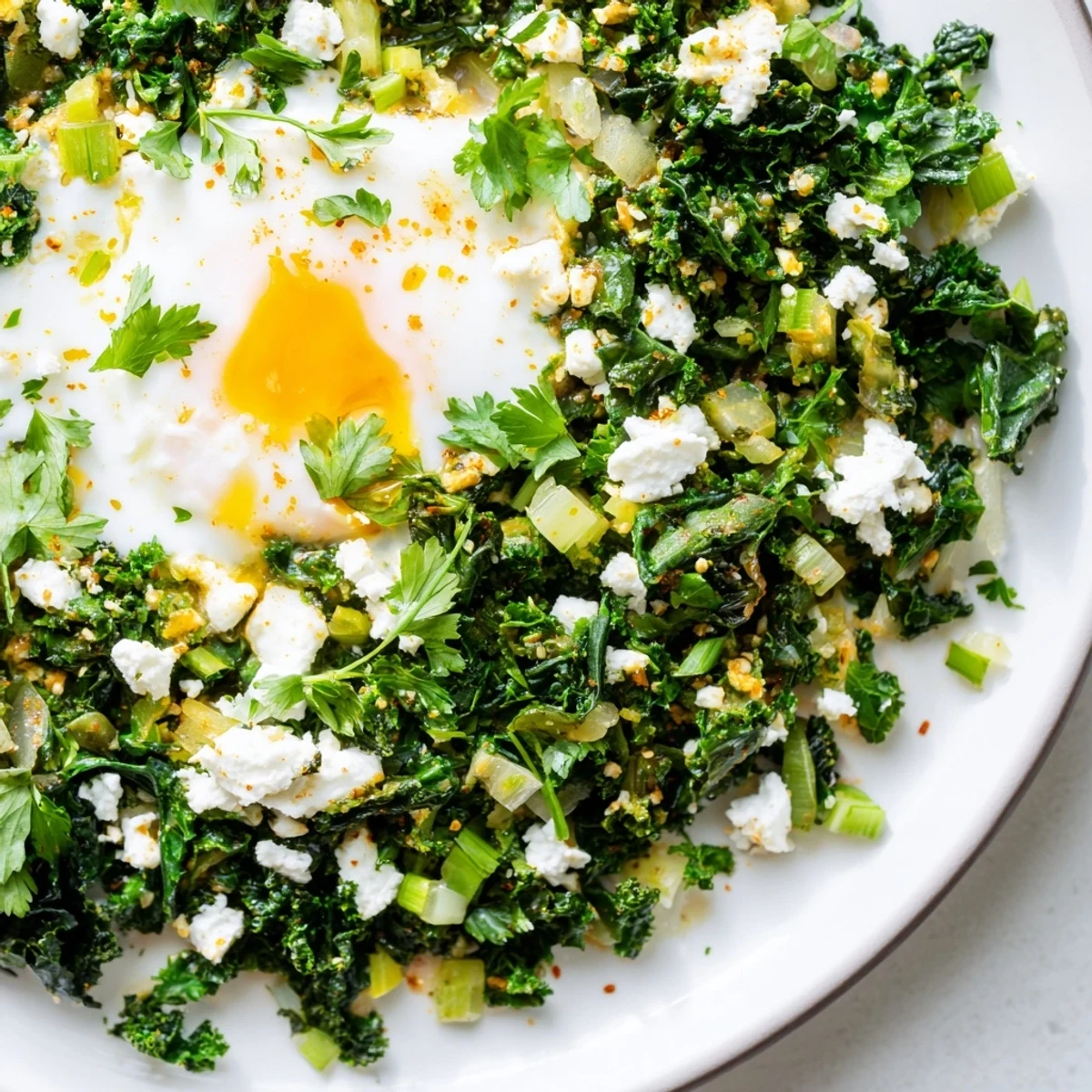 Close-up of green shakshuka with spinach and feta cheese, displaying creamy feta crumbles and bright leafy greens.