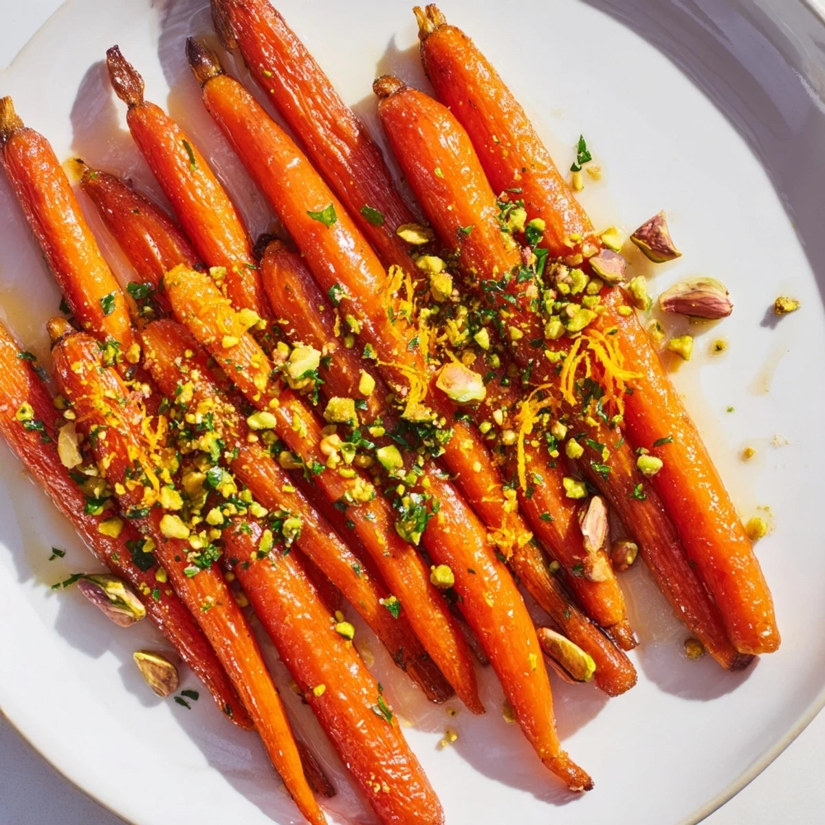 Vibrant orange roasted carrots glazed with honey and topped with crunchy toasted pistachios and citrus zest.