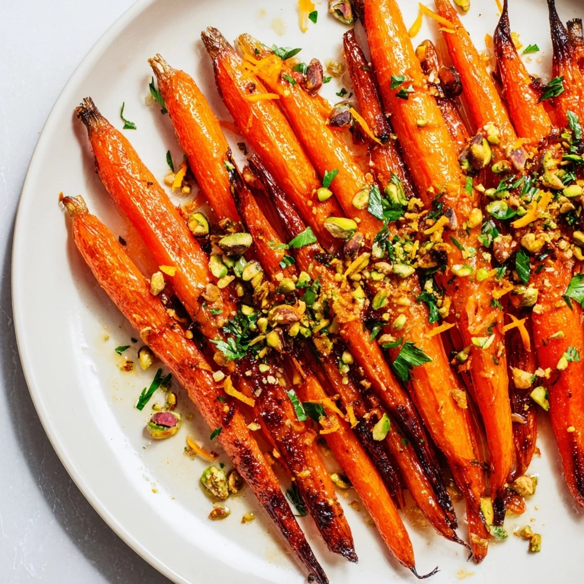 Golden roasted carrots with honey glaze and toasted pistachios, garnished with orange zest on a white plate.
