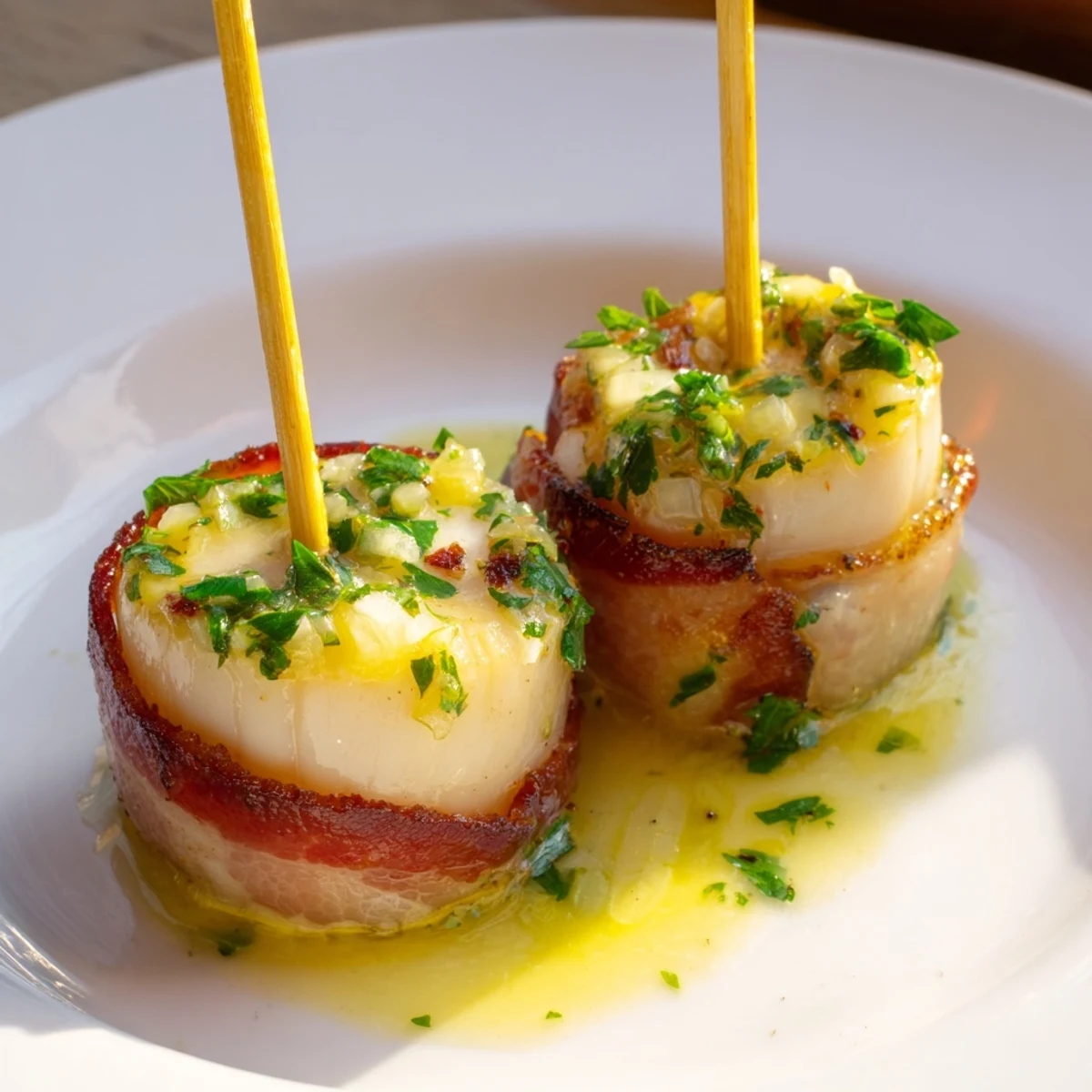 Juicy sea scallops wrapped in savory beef bacon, broiled to perfection and drizzled with bright lemon butter sauce.