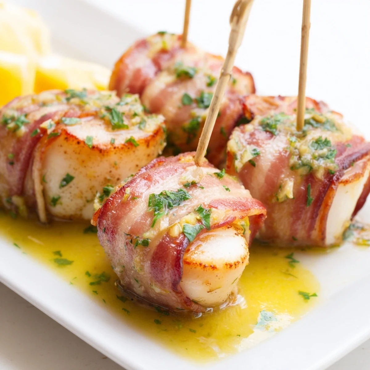 Plated Beef Bacon Wrapped Scallops with Lemon Butter beside a crisp salad and white wine for serving.