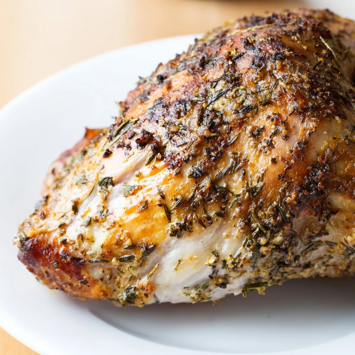 Savory Herb Roasted Turkey Breast sliced and served with roasted vegetables and lemon wedges.