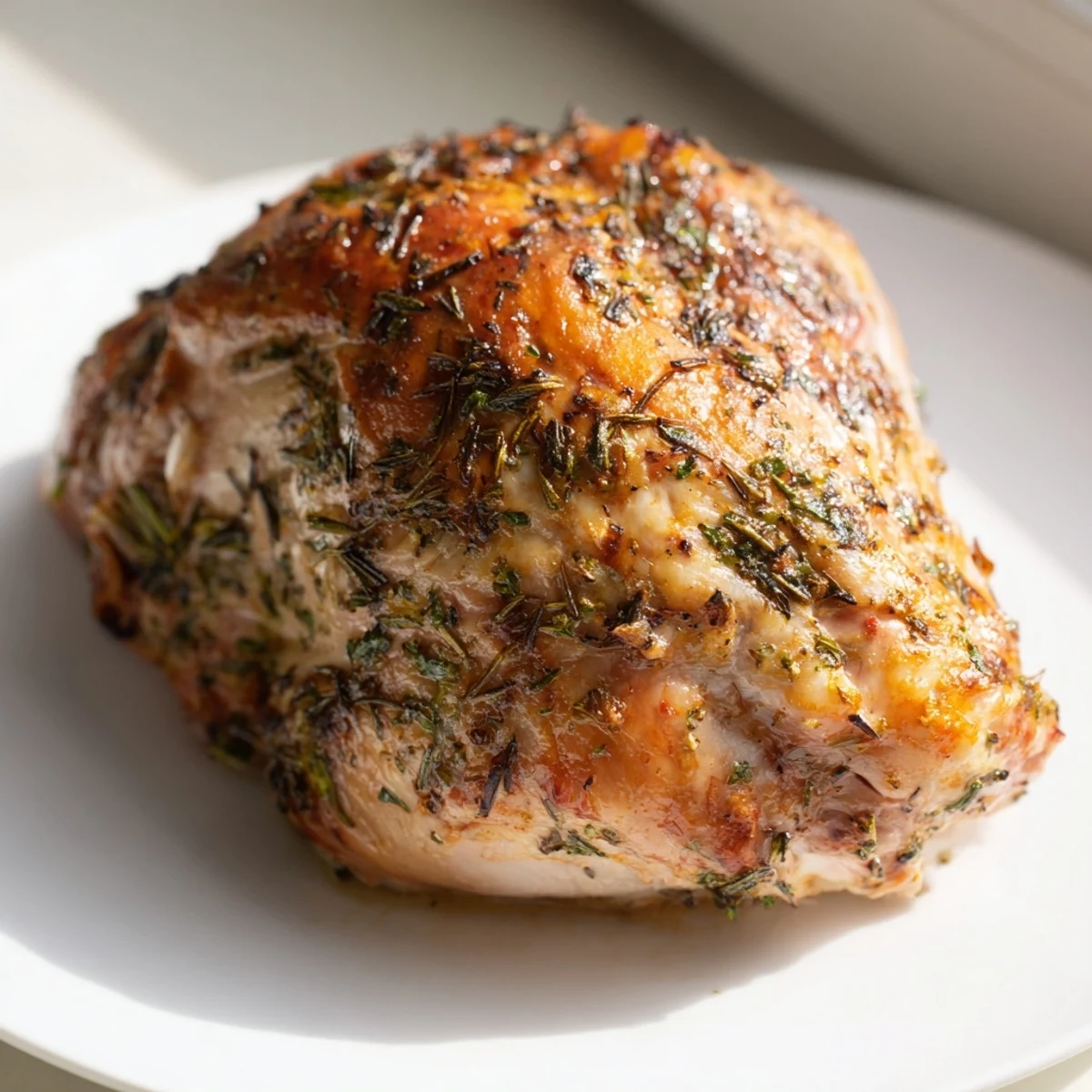 Juicy Savory Herb Roasted Turkey Breast on a platter, garnished with thyme and rosemary sprigs.