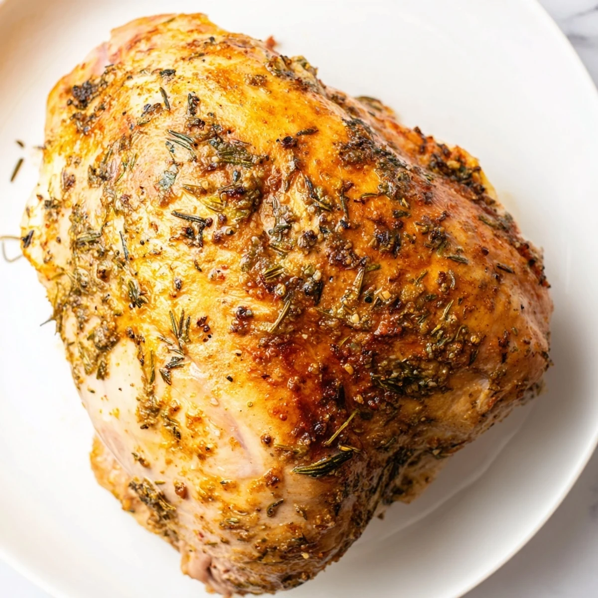 Golden-brown Savory Herb Roasted Turkey Breast fresh from the oven with aromatic herbs and garlic.