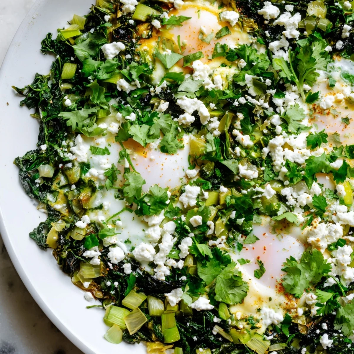 A vibrant skillet of Green Shakshuka with Spinach and Feta, topped with poached eggs and fresh herbs.  