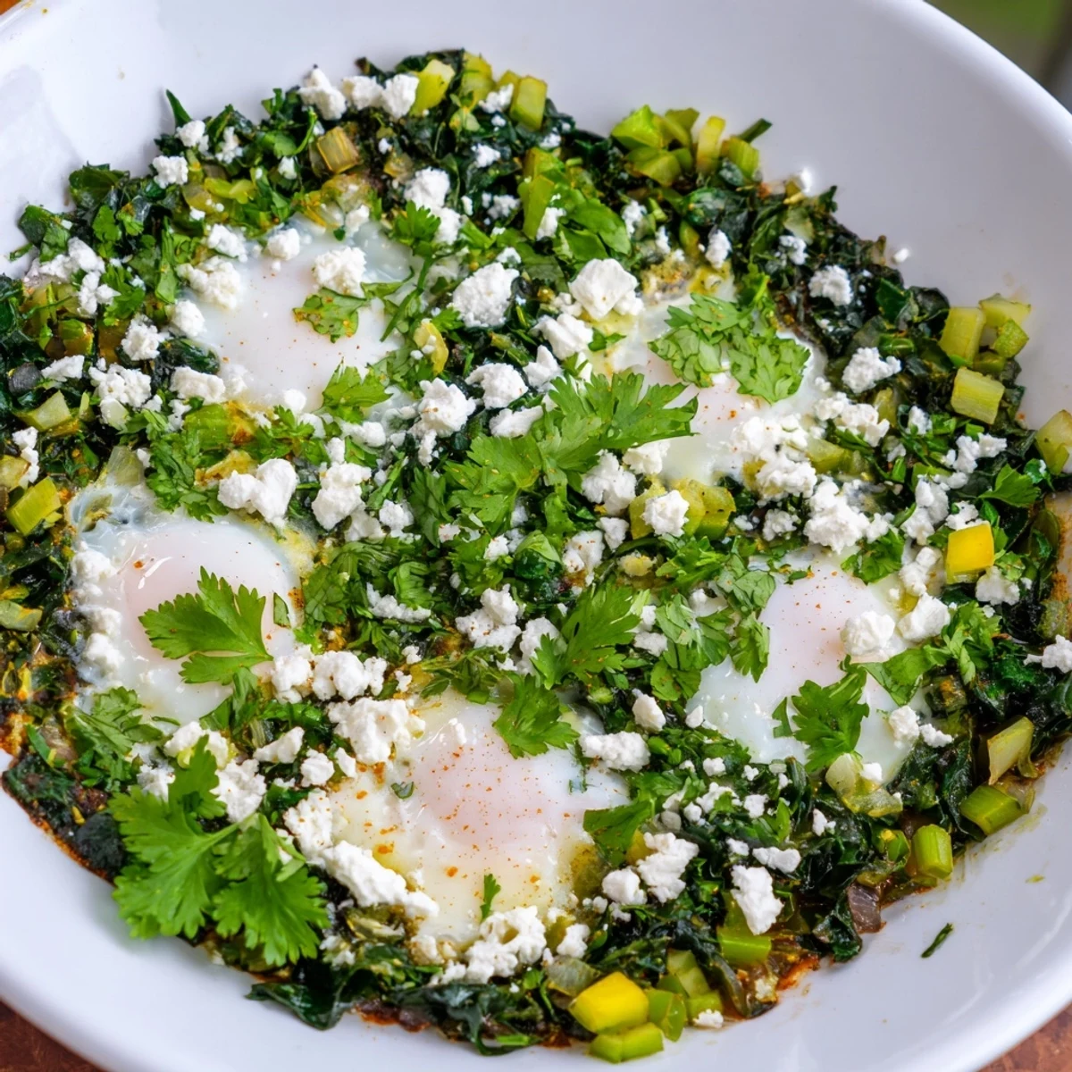 Close-up of Green Shakshuka with Spinach and Feta, featuring creamy feta crumbles and wilted greens in a pan.  