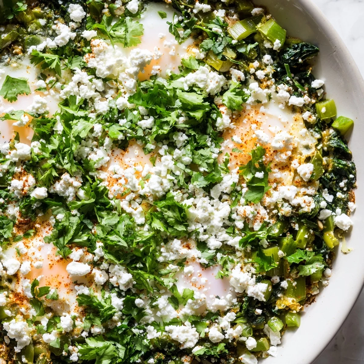 Serving suggestion for Green Shakshuka with Spinach and Feta, garnished with cilantro and lemon wedges on the side.
