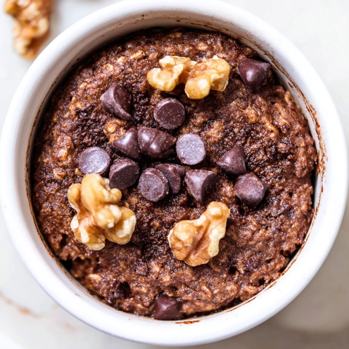 Steaming, fudgy Easy Chocolate Baked Oats in ramekins, topped with melted chocolate chips and nuts for breakfast.