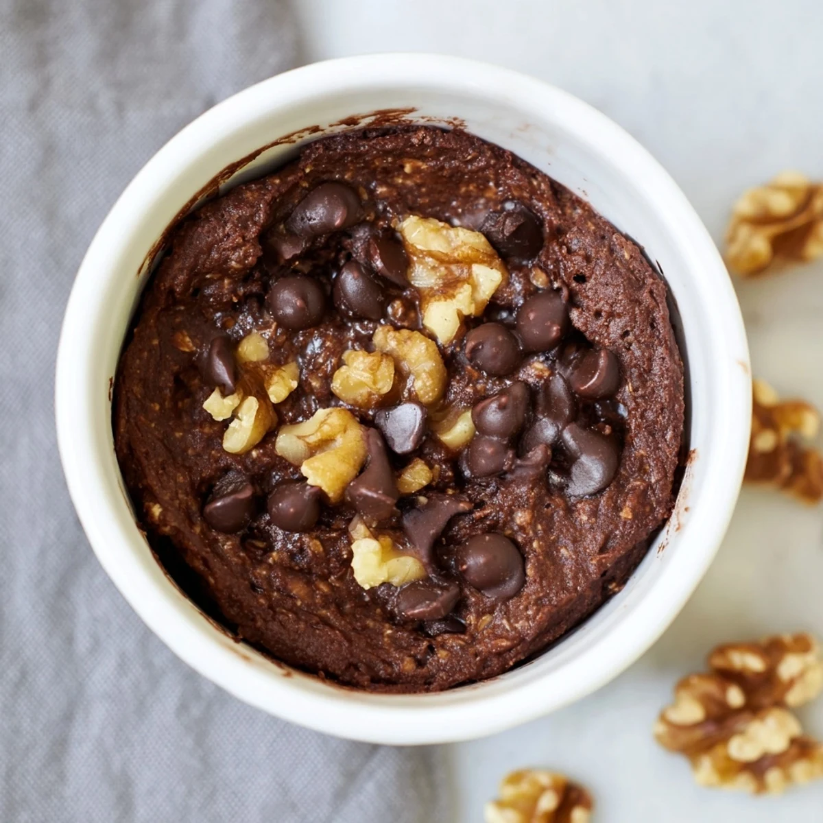 Easy Chocolate Baked Oats in a dish with cracked tops, nuts, and melted chocolate for an indulgent breakfast.