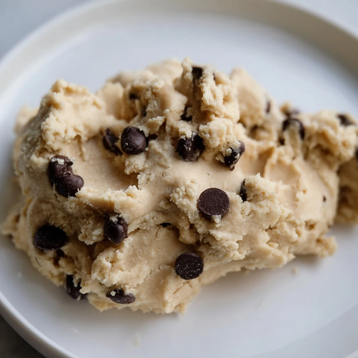 A spoonful of Edible Keto Cookie Dough showing creamy texture and sugar-free chocolate chips, served in a small bowl.