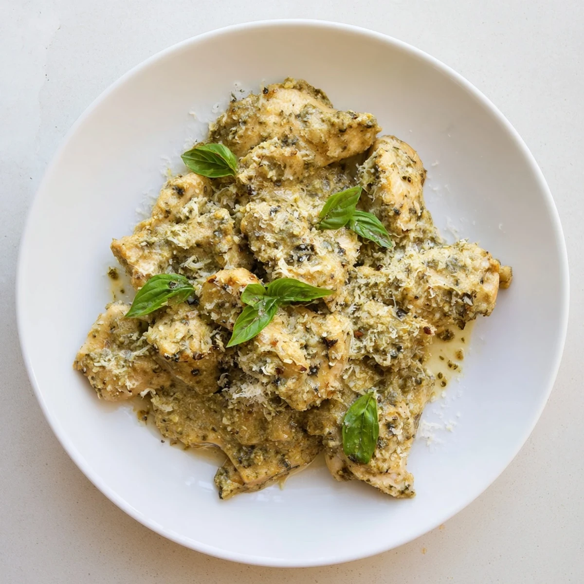 Easy weeknight dinner featuring juicy Pesto Ranch Crock Pot Chicken Thighs and roasted vegetables.