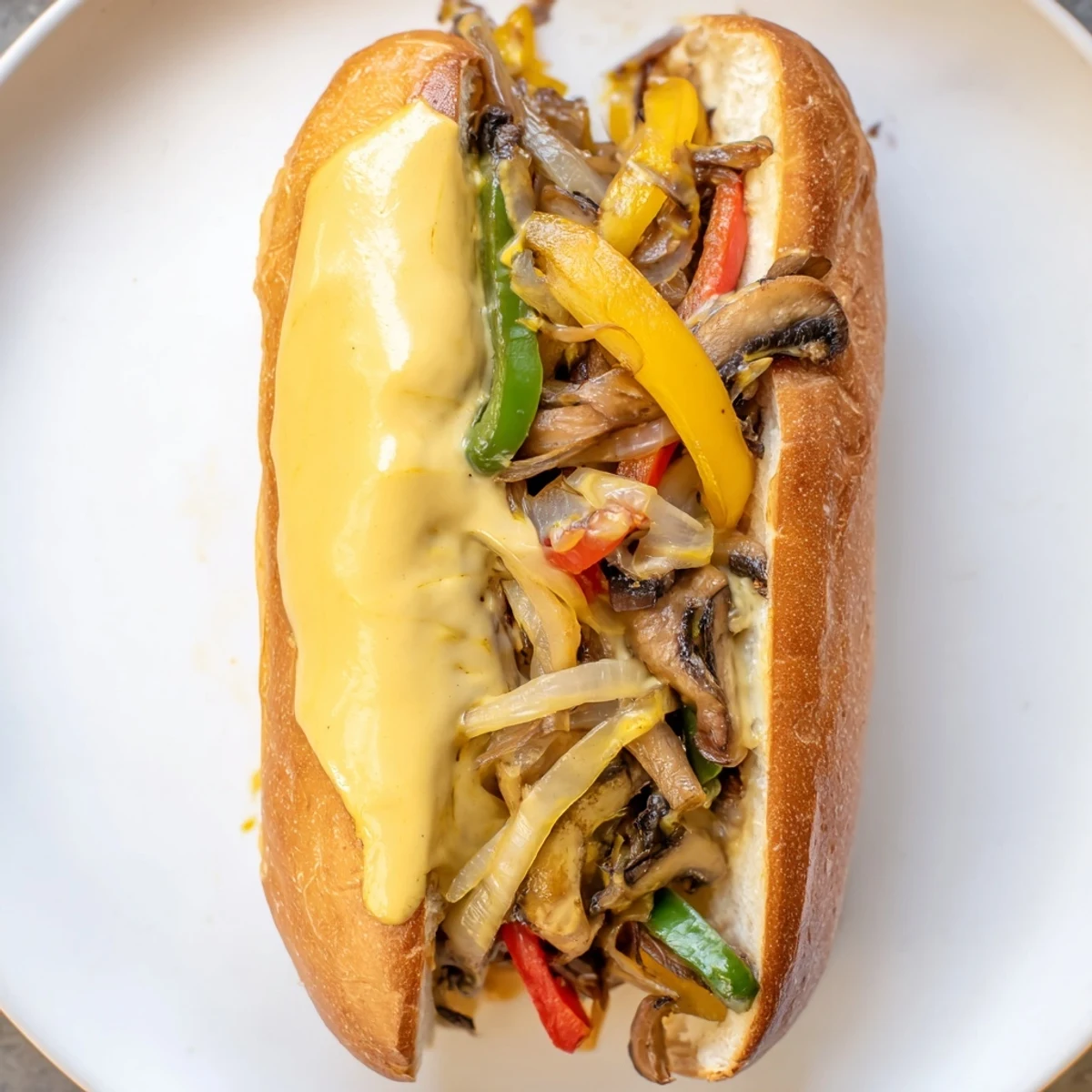Sizzling savory vegetables and melted dairy-free cheese sauce spill out of a toasted hoagie roll in this homemade Vegan Philly Cheesesteak. 