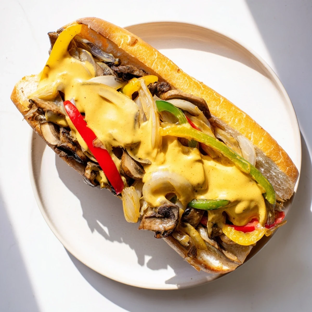 Golden-brown sautéed portobello mushrooms and peppers fill a toasted hoagie roll, smothered in creamy vegan cheese sauce for a Vegan Philly Cheesesteak. 