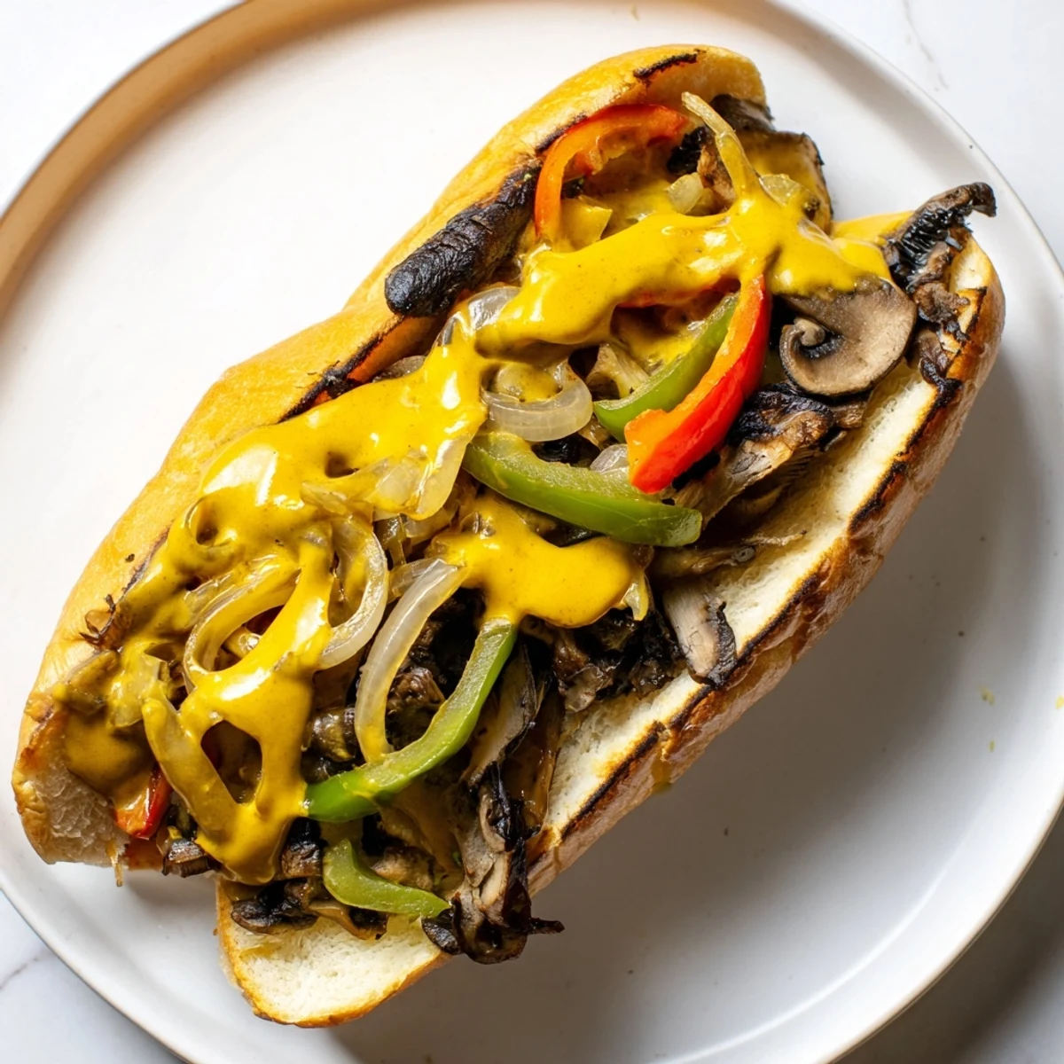 A close-up of a loaded Vegan Philly Cheesesteak with onions, peppers, and rich plant-based cheese sauce on a fresh sub roll.