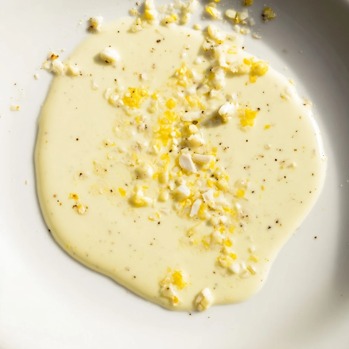 Bright yellow Lemon Dijon Dressing poured over a fresh green salad with crunchy croutons.