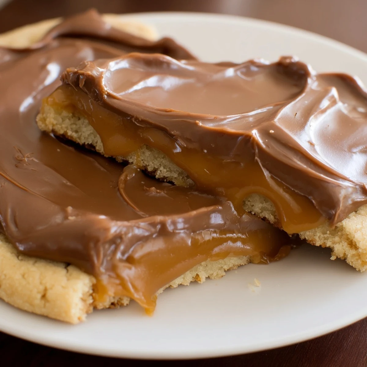 A close-up of Twix Cookies showing golden shortbread with creamy caramel and shiny milk chocolate layers.