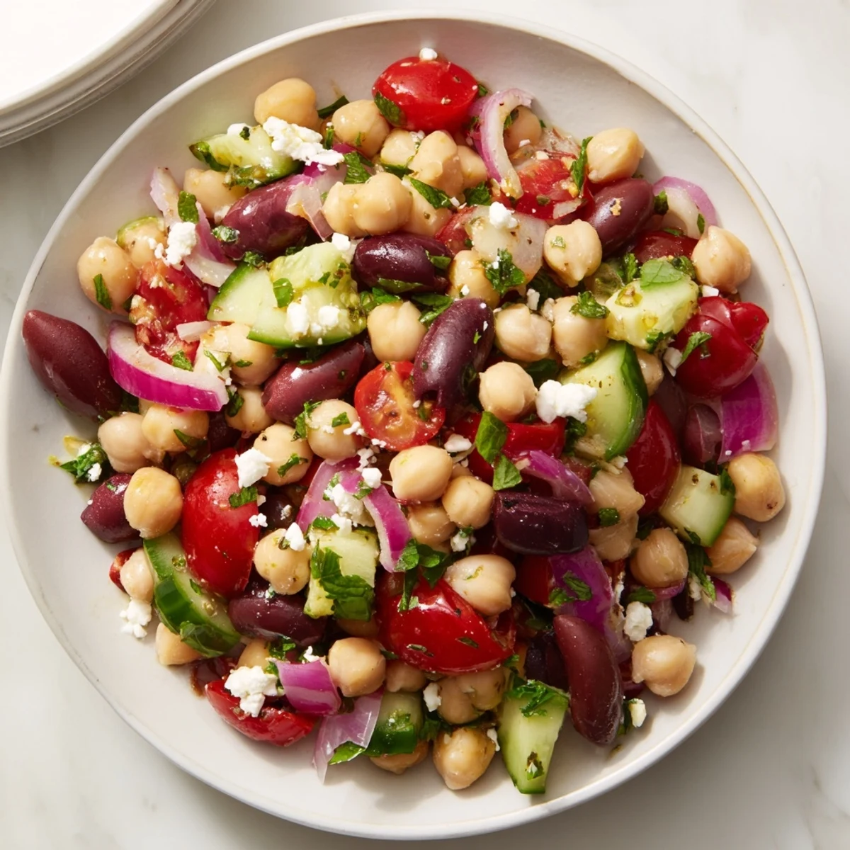Bright Mediterranean Dense Bean Salad with colorful beans, diced veggies, and a lemony dressing, perfect for a healthy lunch.
