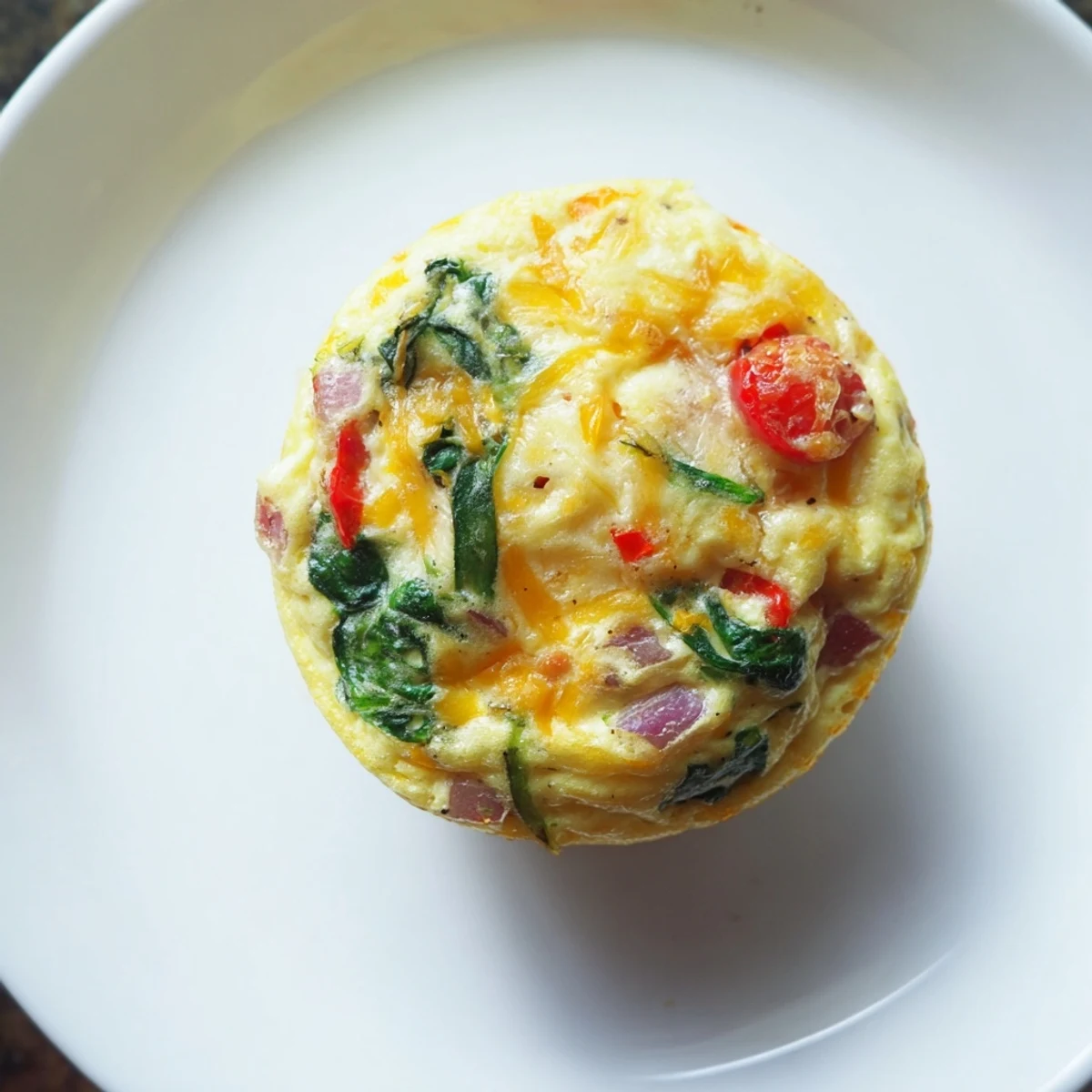 Golden-brown Best Frittata Egg Muffins topped with cherry tomatoes and herbs, served on a white plate.