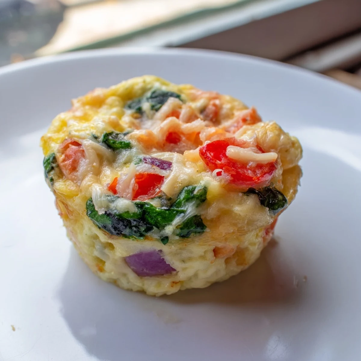 Fluffy Best Frittata Egg Muffins with melted cheddar and fresh spinach on a rustic wooden board.