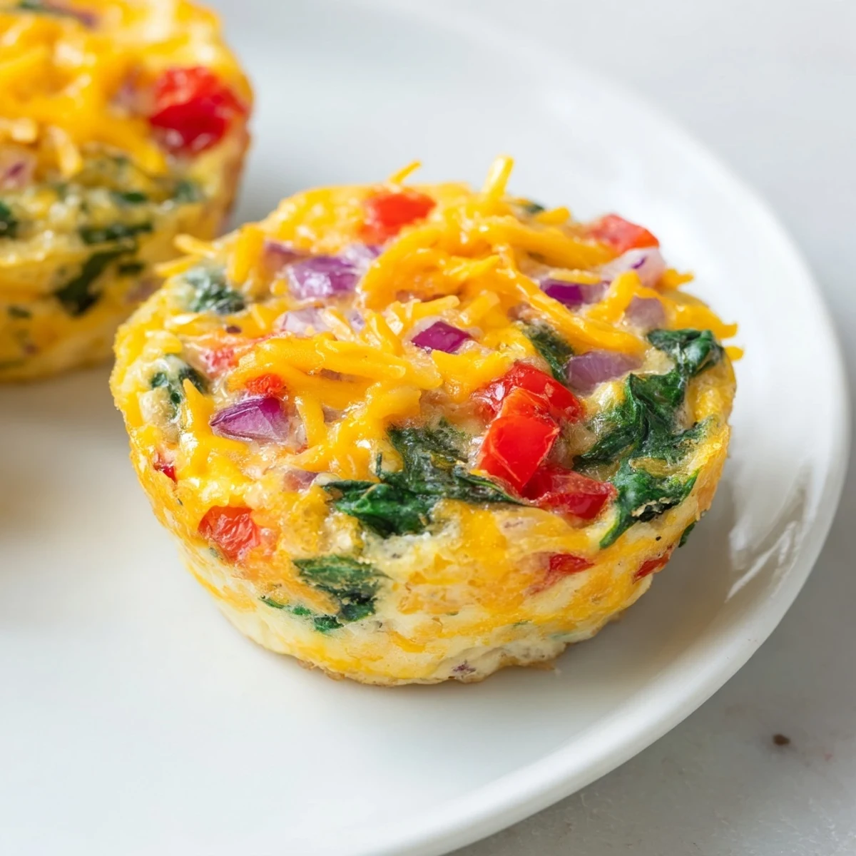 A close-up of savory Best Frittata Egg Muffins revealing colorful vegetables and a tender, cheesy interior.