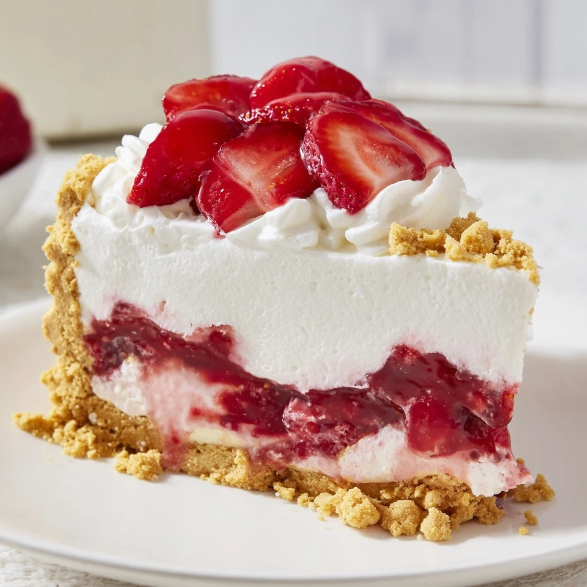 Easy Strawberry Shortcake Ice Cream Cake features creamy vanilla layers, fresh strawberry slices, and a crunchy shortcake crumble topping.