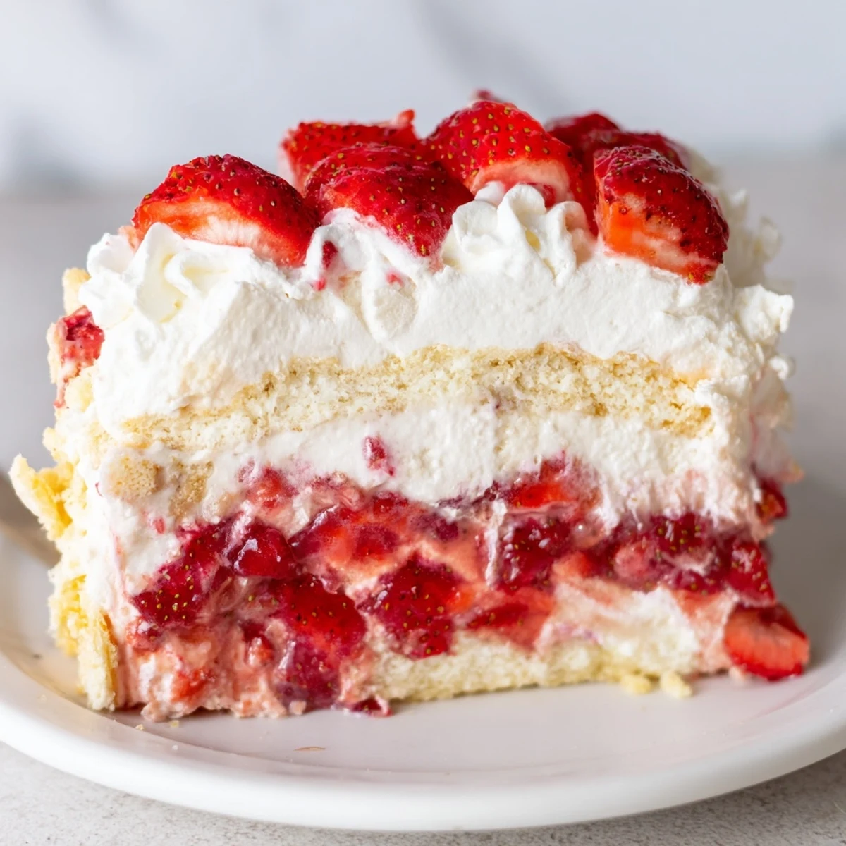 A slice of Easy Strawberry Shortcake Ice Cream Cake shows strawberries in jam over ice cream with a buttery cookie crust.