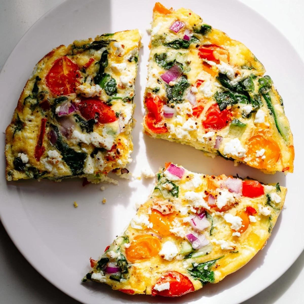 The finished Veggie Air Fryer Frittata sits on a white plate, showcasing fluffy eggs with vibrant red tomatoes and green spinach.