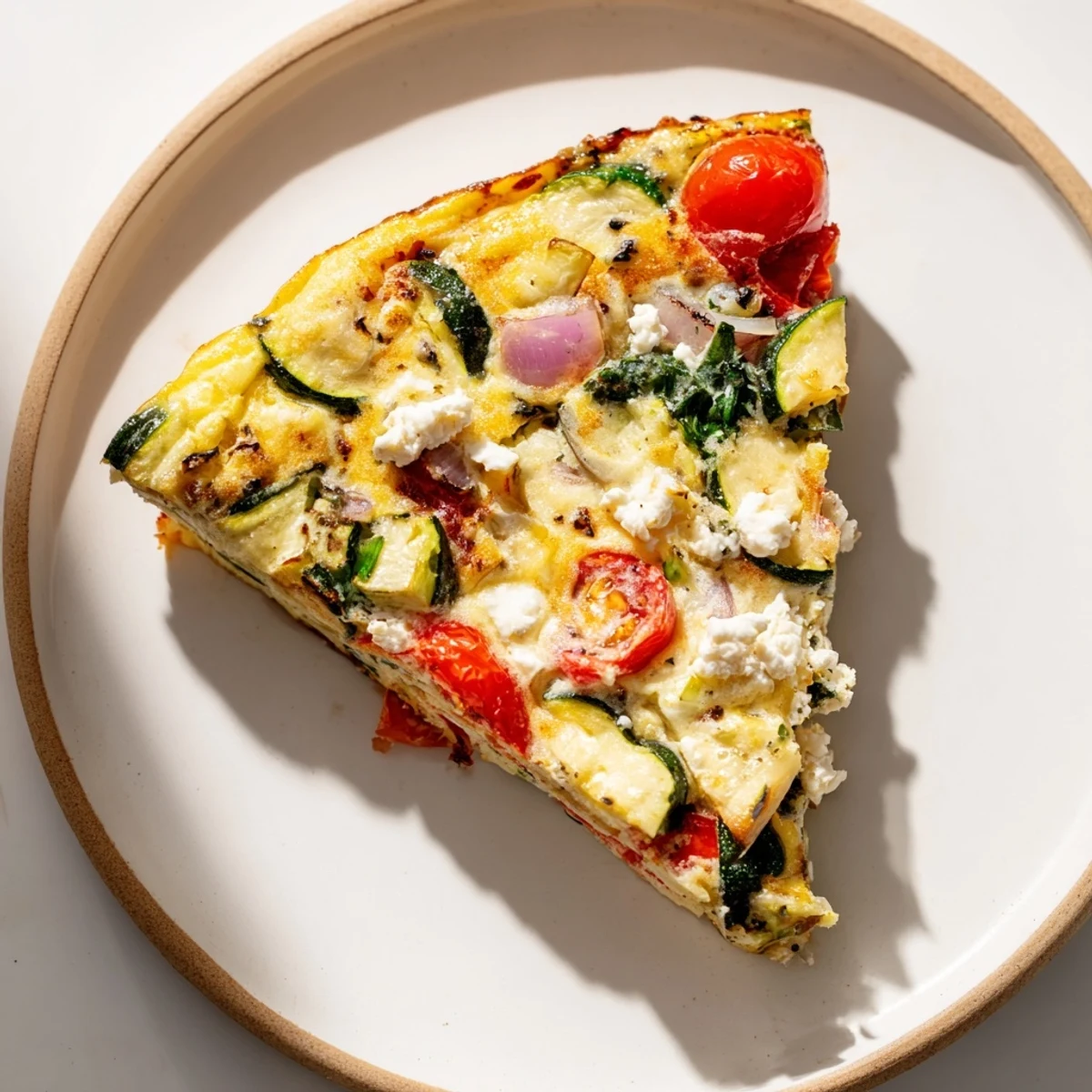 Sliced wedges of the Veggie Air Fryer Frittata are plated beside fresh greens, ready for a healthy breakfast or brunch.