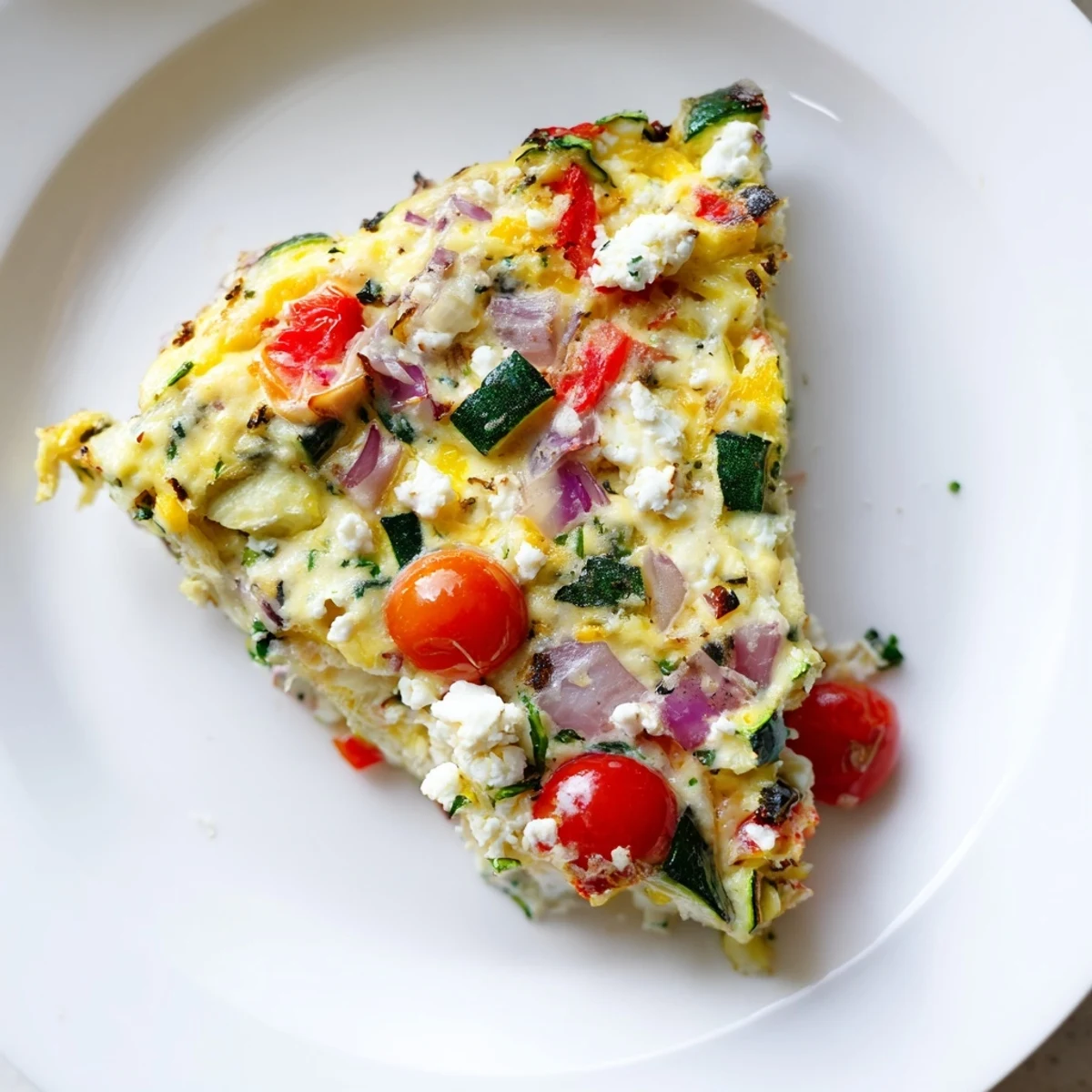 A close-up view of the golden-brown Veggie Air Fryer Frittata reveals diced peppers and onions embedded in the puffy egg texture.