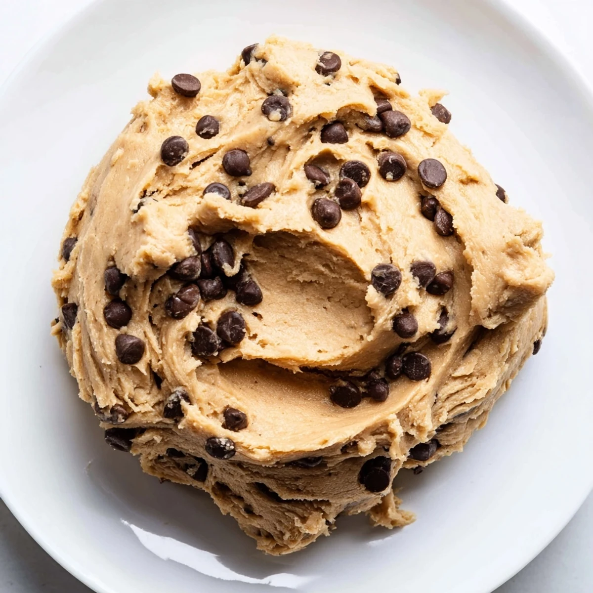 Close-up of Chocolate Chip Greek Yogurt Cookie Dough scooped with a spoon near chocolate chips.
