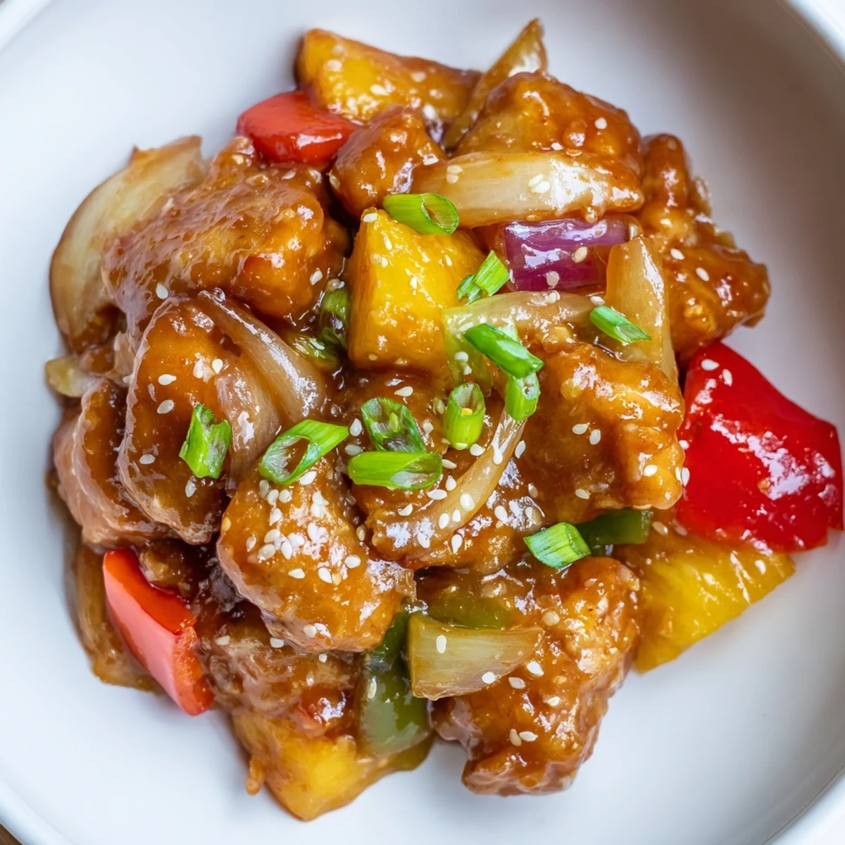 Tender Slow Cooker Hawaiian Pineapple Chicken with bell peppers, pineapple chunks, and a glossy, tangy-sweet sauce.