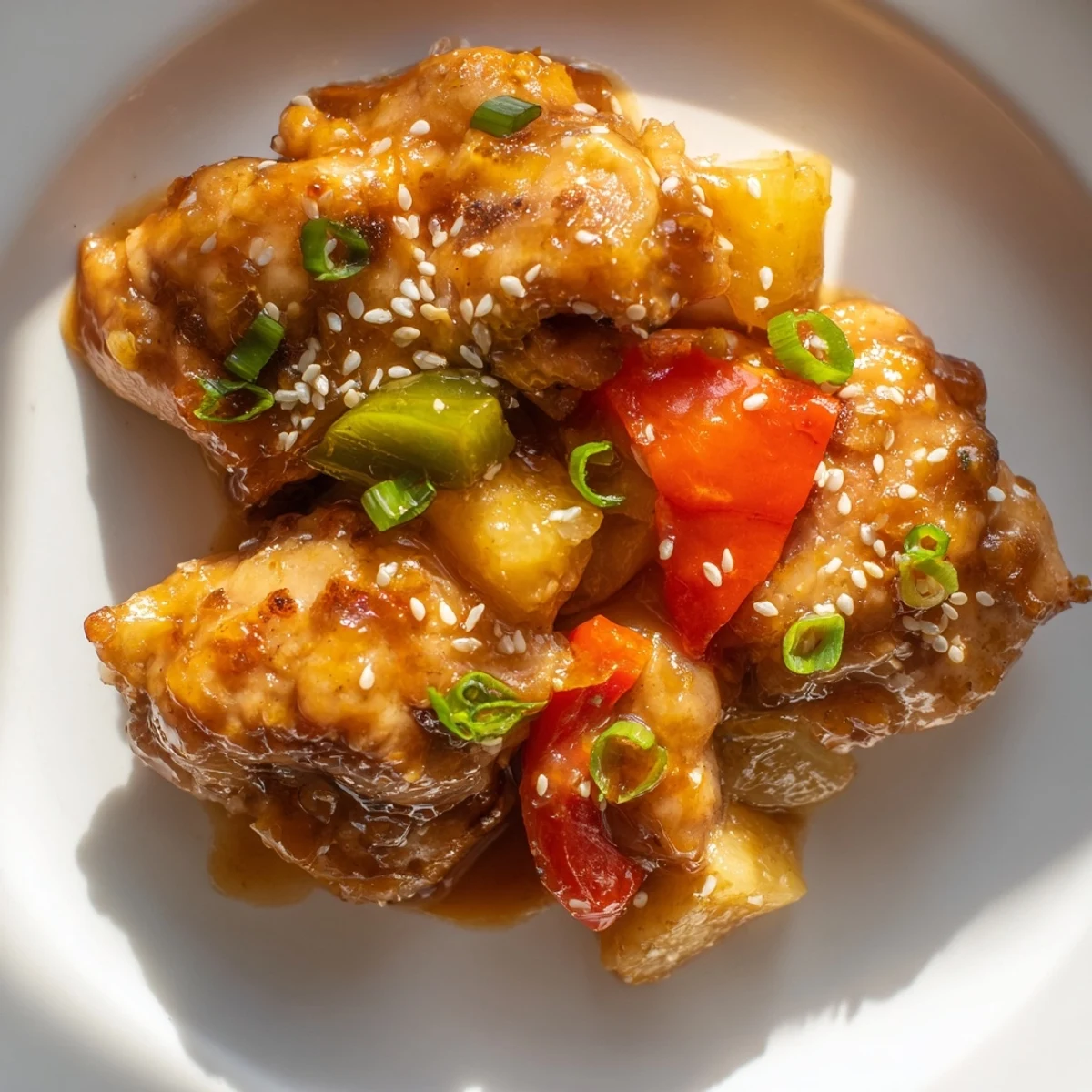 Serving suggestion for Slow Cooker Hawaiian Pineapple Chicken over steamed rice with extra pineapple and peppers.