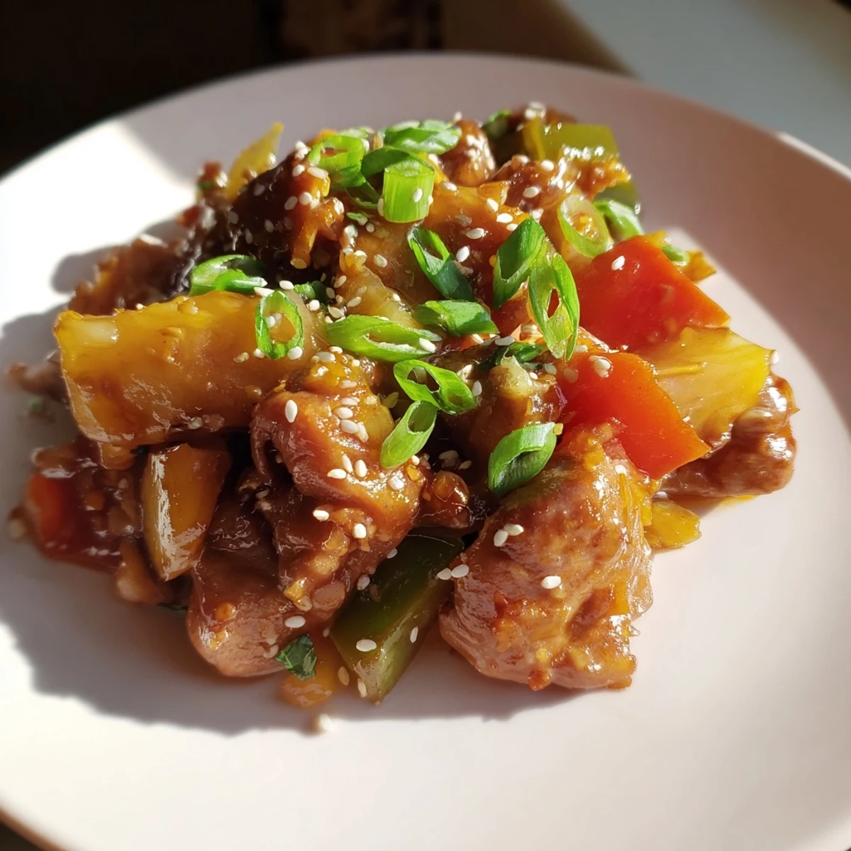 A slow cooker filled with Slow Cooker Hawaiian Pineapple Chicken garnished with green onions and sesame seeds.