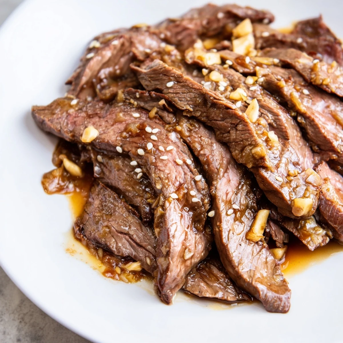 Slow cooker Ultimate Slow Cooker Mongolian Beef simmering in a rich, glossy sauce with garlic, ginger, and toasted sesame seeds.