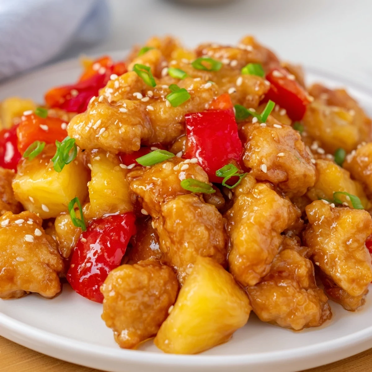 A slow cooker holds tender Sweet Hawaiian Crockpot Chicken garnished with green onions and sesame seeds, ready for serving.  