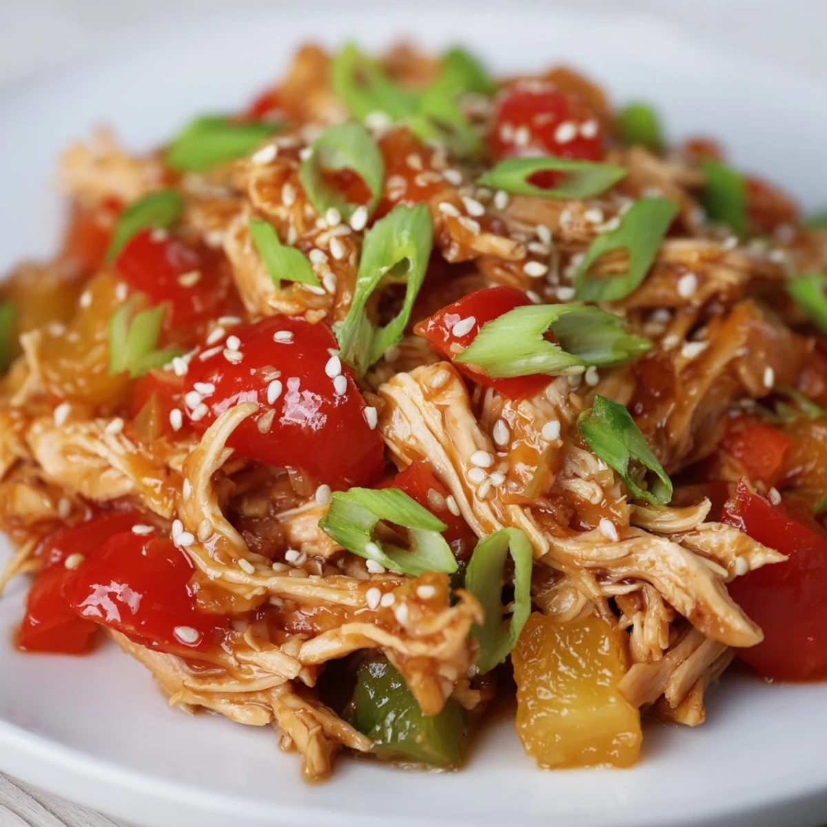 A bowl of Sweet Hawaiian Crockpot Chicken with tender shredded meat, juicy pineapple chunks, and colorful bell peppers piled on fluffy white rice.