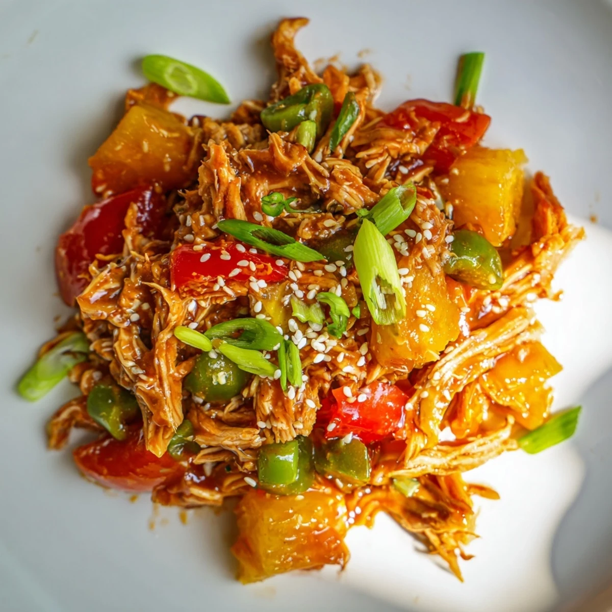 Delicious serving of Sweet Hawaiian Crockpot Chicken garnished with fresh green onions and sesame seeds, ready to enjoy with chopsticks.